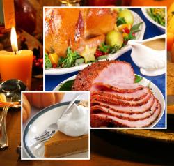 Thanksgiving holiday settings with ham, turkey, all the fixings, and pumpkin pie
