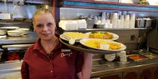 Friendly server at Omega Restaurant & Pancake House in Schaumburg