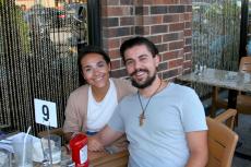 Couple enjoying the outdoor patio at Papagalino Cafe & Pastry Shop in Niles