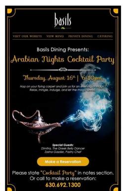 Arabian Nights Cocktail Party at Basil's Greek Dining in Aurora Arabian Nights Cocktail Party at Basil's Greek Dining in Aurora