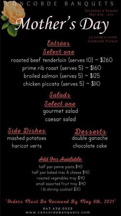 Mother's Day Curbside & Carryout Menu at Concorde Banquets - Kildeer