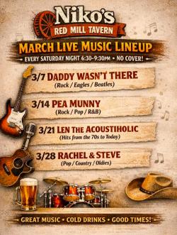 Live Music at Niko's Red Mill Tavern (Mar 2026) - Woodstock