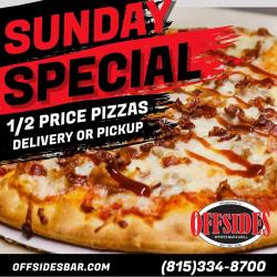 Half-Price Pizza Every Sunday at Offsides Sports Bar & Grill - Woodstock Half-Price Pizza Every Sunday at Offsides Sports Bar & Grill - Woodstock