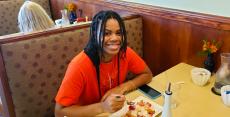 Customer enjoying breakfast at Annie's Pancake House in Skokie