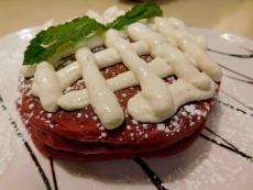 Red velvet pancakes with ice frosting at Annie's Pancake House in Skokie