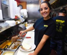 Serving the famous beef at Brandy's Gyros in Chicago (on Milwaukee Ave).