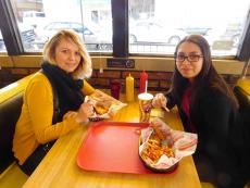 Friends enjoying lunch at Burger Baron Restaurant in Chicago