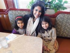 Mom and kids at Omega Restaurant in Downers Grove
