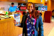 Happy carryout customer at Nick's Drive In Restaurant in Chicago