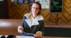 Happy carry-out customer at Nick's Drive-In Restaurant in Chicago 