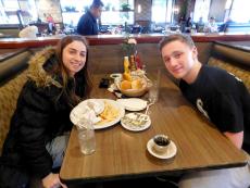 Friends after enjoying lunch at Omega Restaurant & Pancake House in Schaumburg