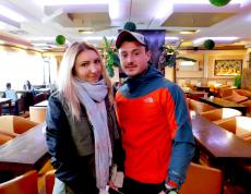 Couple enjoying lunch at Papagalino Cafe & Pastry Shop in Niles