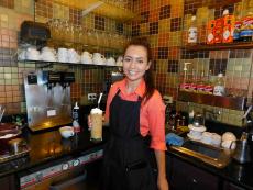 Friendly server with Greek Frappe at Papagalino Cafe & Pastry Shop in Niles